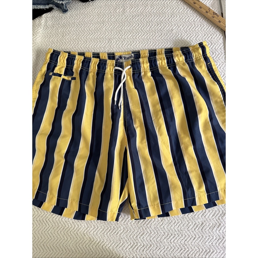 Trunks Surf & Swim SHORTS Co Men's NAVY Yellow STRIPES Drawstring Elastic Mesh
